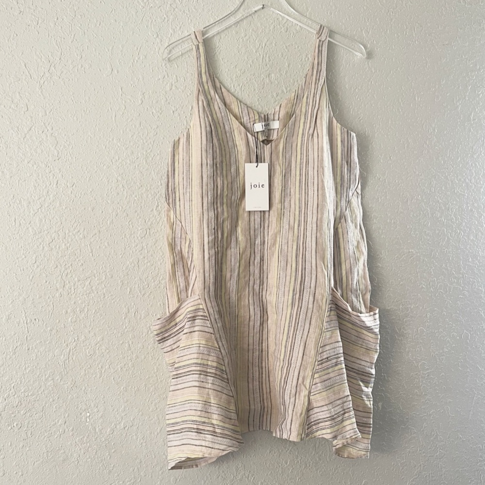 Joie Adinna Mini Dress 100% Linen Dawn Multi Stripe Boho Minimalist Cover Up S